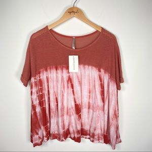 Mono B Knit Tie Dye Round Neck Boho Short Sleeve Blouse Top Rust Size M/L